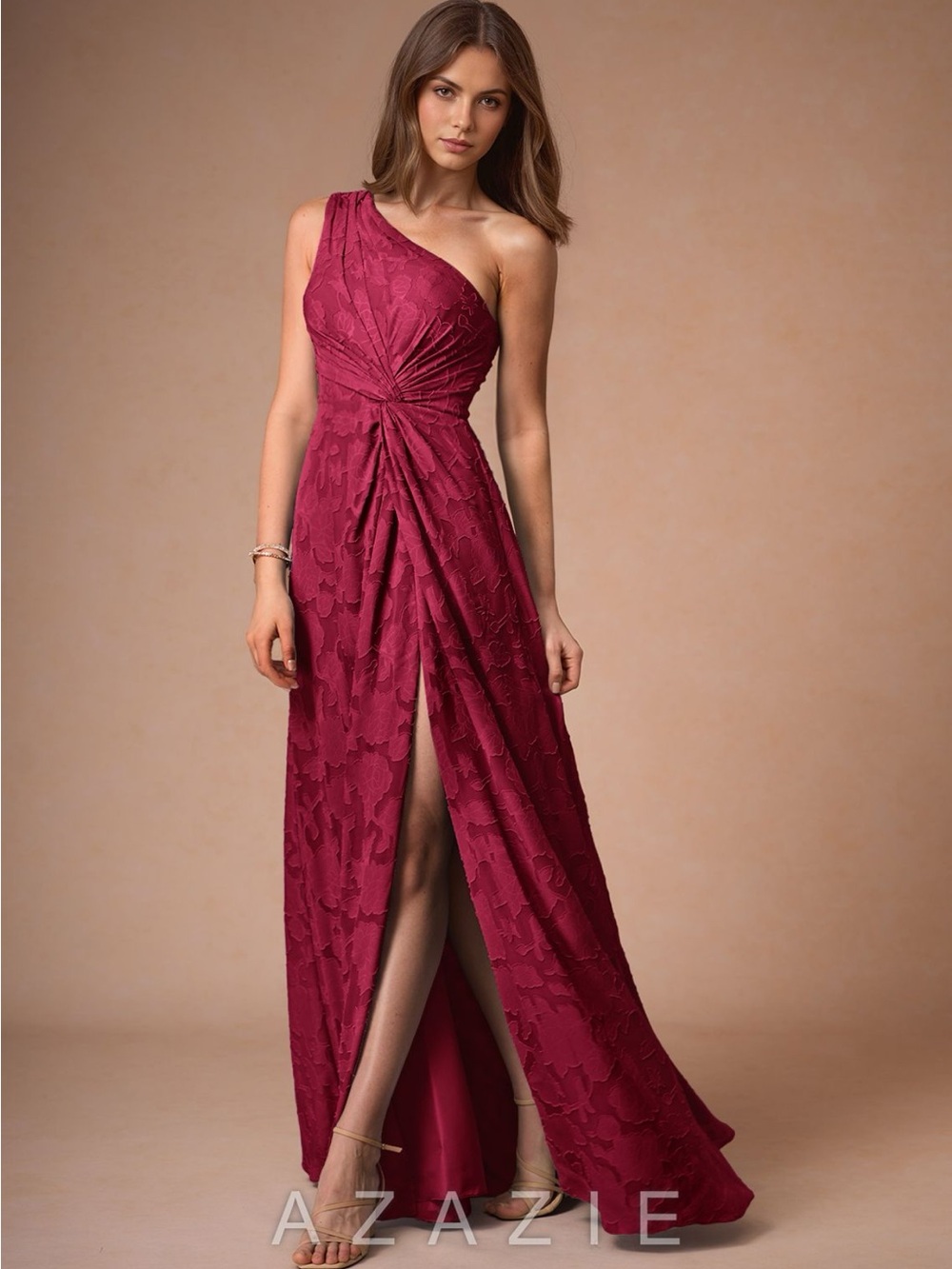 Azazie Hermosa Merlot One-Shoulder Floral Burnout Evening Dress